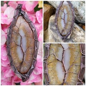 Agate Slice Tree Of Life Handcrafted Copper Pendant Necklace